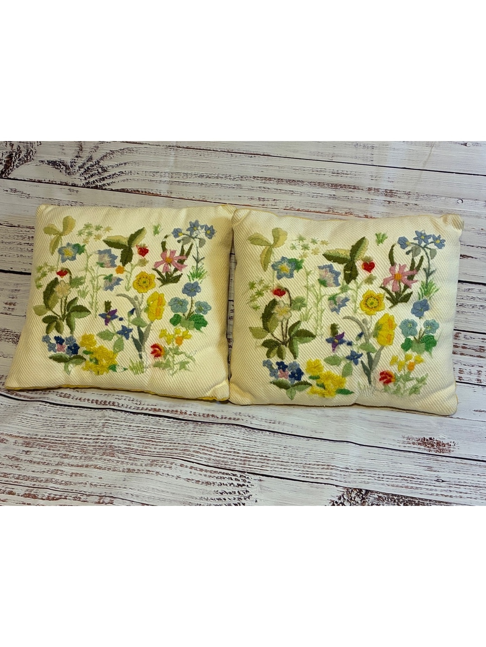Vintage Crewel Embroidery Wildflower Pillows Pair Yellow Backing MCM Boho Floral